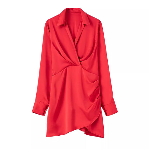 The Soft Satin Mini Shirt with Long Pleated Sleeves - Multiple Colors SA Formal Red 3XS China